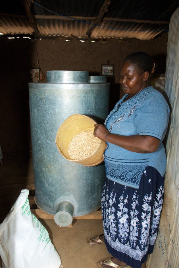 Esther Nduku, a maize farmer and trader in Embu, Kenya, shows her dry, clean maize grain, which she is storing in a metal silo. The silos can be made by local artisans using readily-available materials, take up little space, and enable farmers to store their grain without losses.  CIMMYT's Effective Grain Storage project, funded by the Swiss Agency for Development and Cooperation (SDC), is initially focusing on promoting these metal silos with partners in Kenya and Malawi, before widening the initiative to other African countries over a ten-year project. The silos were originally developed for Central America and have been adapted for Africa.  By providing a reliable means to store grain without loss of quality, the silos provide African farmers with a way to control their post-harvest losses. Rather than selling surplus grain straight away, they are able to wait and get a better price for their crop, stabilizing supplies and prices of maize while increasing farmers' food and income security.  Photo credit: CIMMYT.