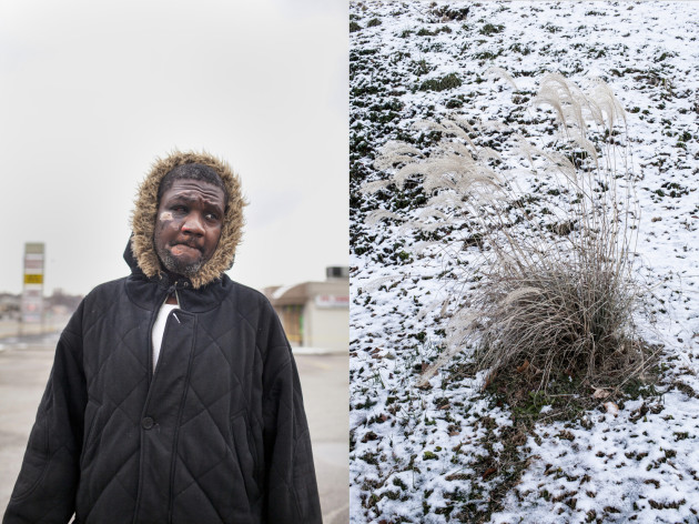 Anthony Blocker, 36, walks home from going to the store on Thanksgiving morning, Nov. 27, 2014. The lesions on his face, he said, were due to a non-protest-related incident involving running from local police. On the right, Pampas grass grown on a snowy hill on South Florissant Road on Thanksgiving Day, 2014.