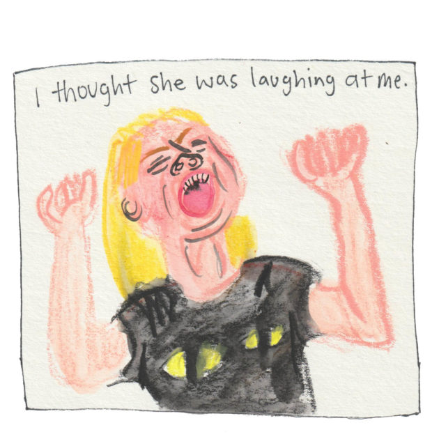 Panel with illustration of angry girl with "Cats" t-shirt, her fists raised. The text says: I thought she was laughing at me.
